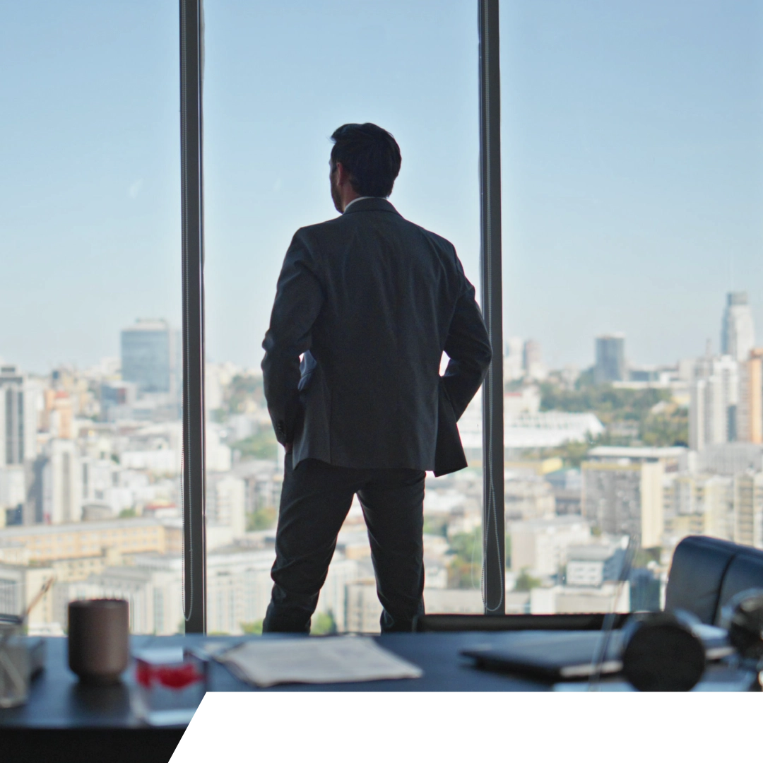 Project management professional overlooking a city